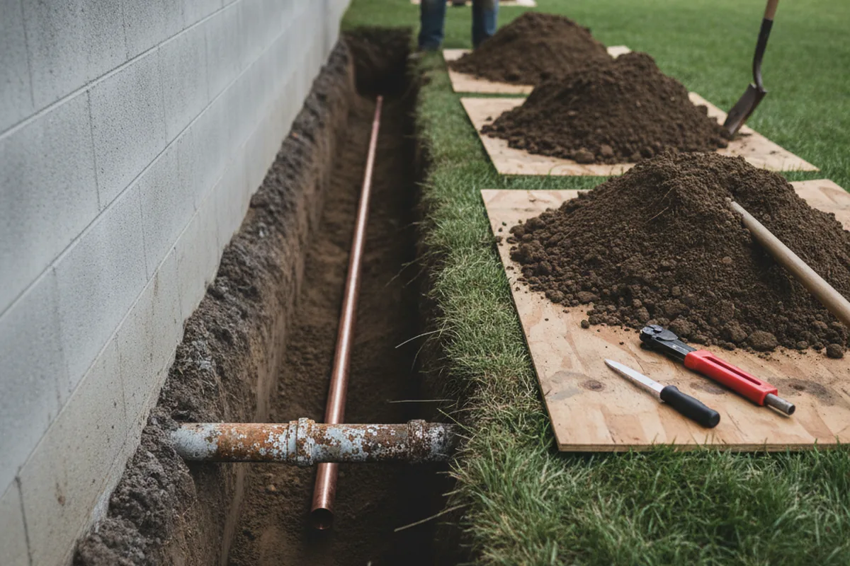 Excavated water line trench during Water Heater Repair in Debary